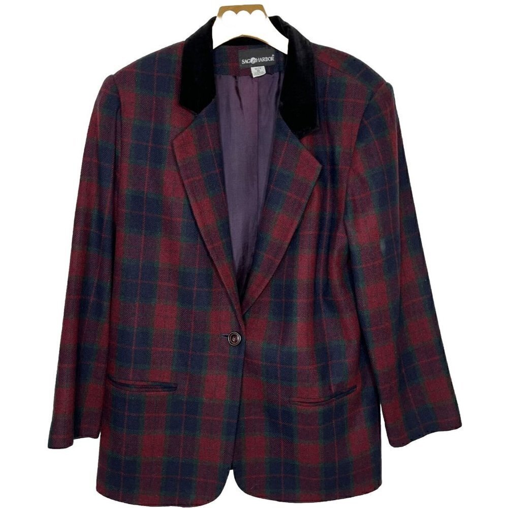 Vintage Sag Harbor Womens 16 Wool Blend Velvet Collar Winter Plaid Blazer Jacket